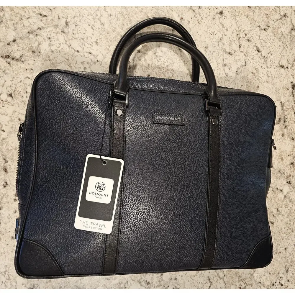 Bolvaint Cabot Leather Briefcase Travel Bag Zip-Around Carry Handle Navy/Black